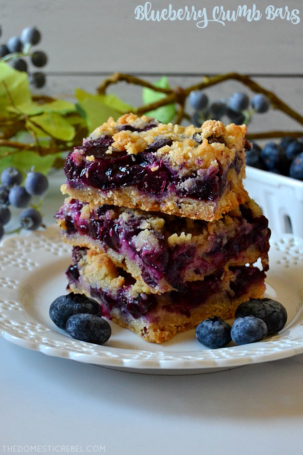 blueberry crumb bars stacked on white plate with blueberries
