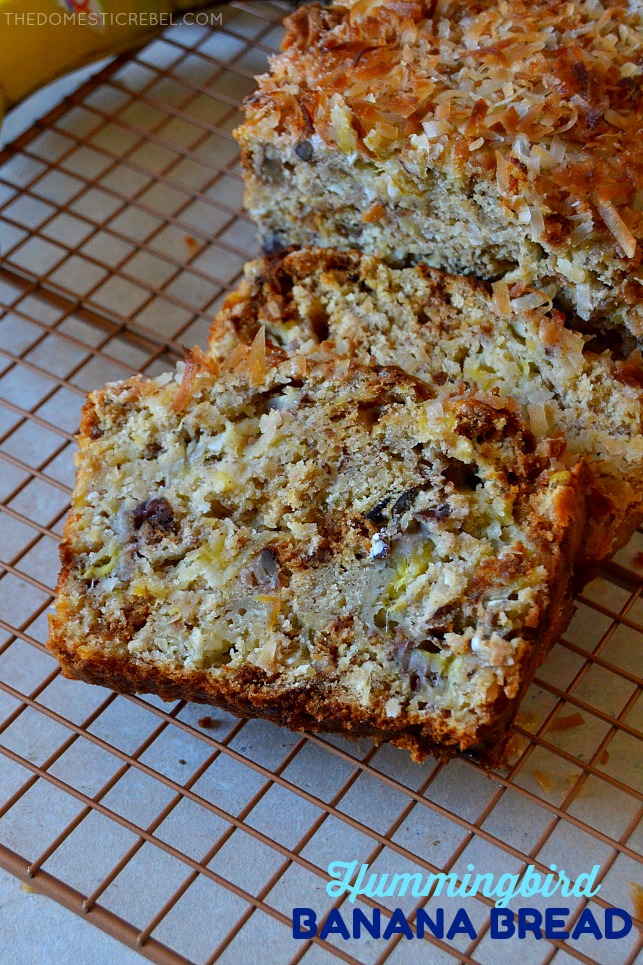 This Hummingbird Banana Bread is the BEST! Super moist and tender banana bread flavored like a hummingbird cake with pineapple, pecans and toasted coconut. So unique, delicious, easy and amazing! 