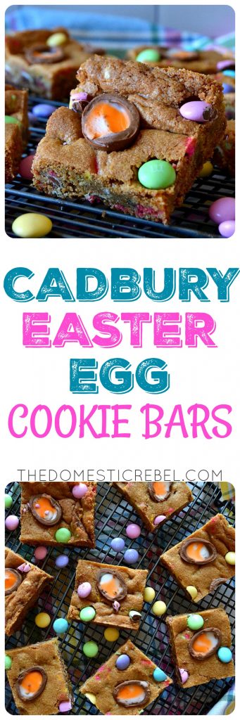 These Cadbury Easter Egg Cookie Bars are soft and chewy chocolate chip cookie bars fully loaded with pastel M&M's and Cadbury creme eggs for a delightful Easter treat! 
