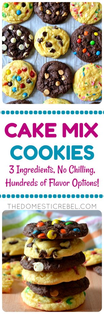 These Cake Mix Cookies are a super easy, super fast cookie recipe using only three ingredients: cake mix, oil, and eggs to create soft and chewy cookies in no time! With HUNDREDS of mix-in options to choose from to customize each and every craving. So fun to make with kids, too! 
