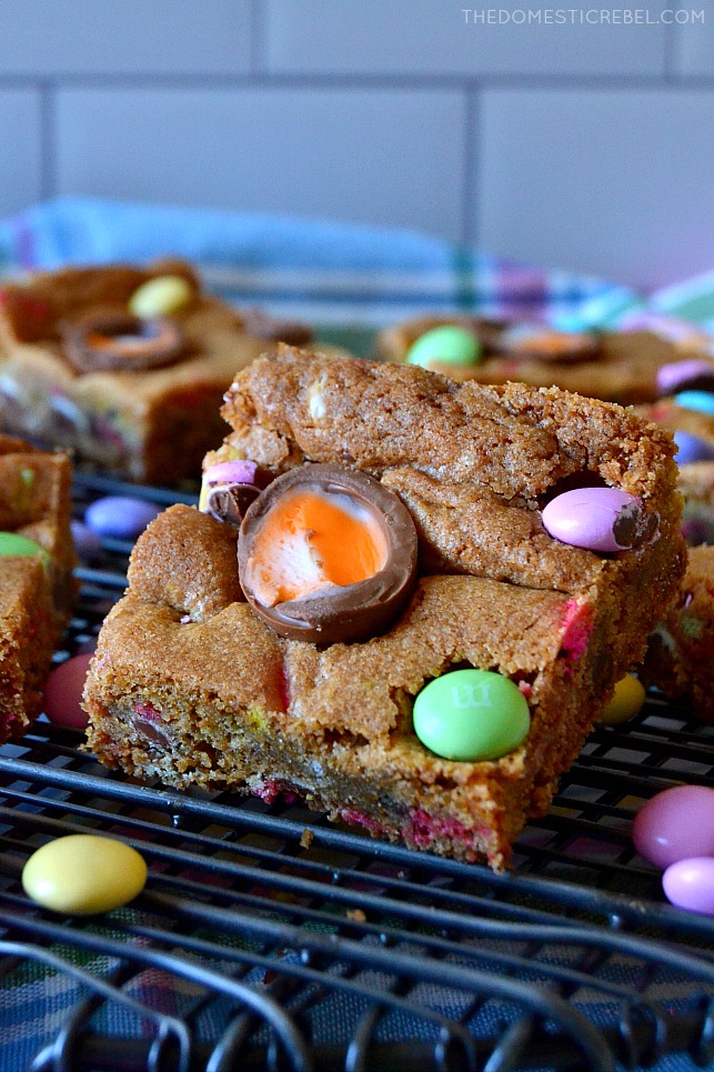 cadbury easter egg blondies on wire rack with easter m&ms