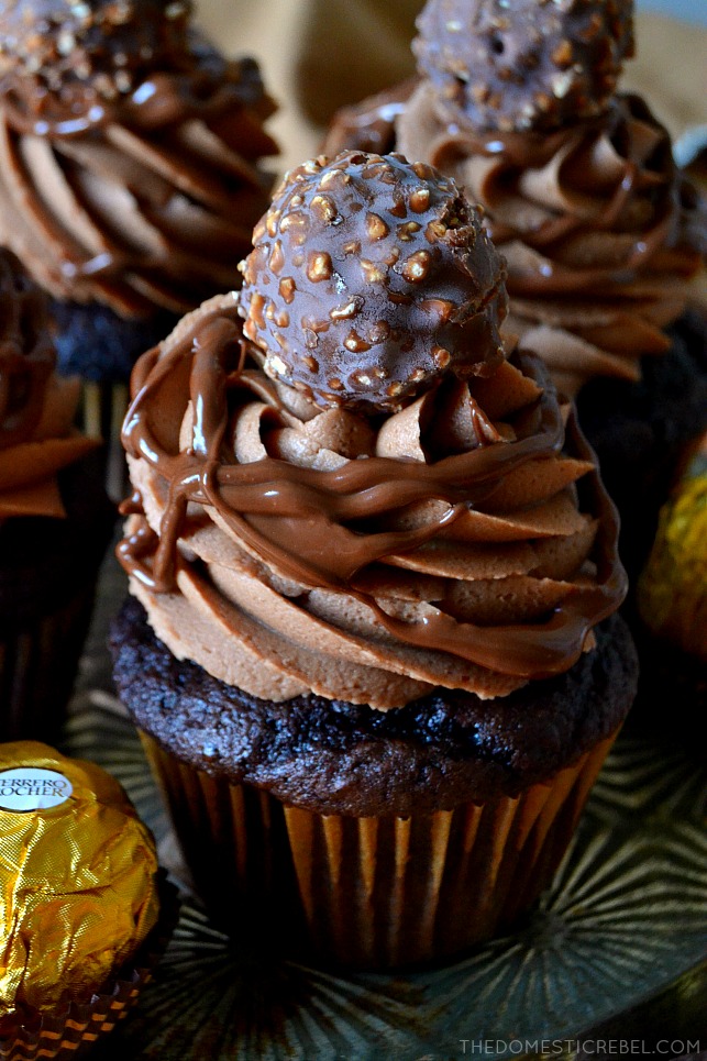 nutella ferrero rocher cupcake with candy on metal tin