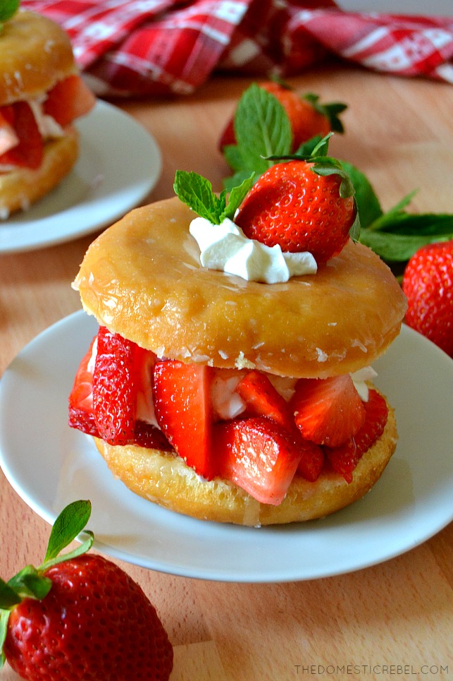 doughnut strawberry shortcake on white plate with fresh strawberries