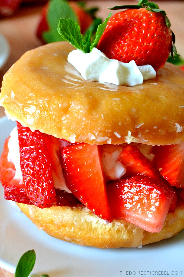 close up of doughnut strawberry shortcake