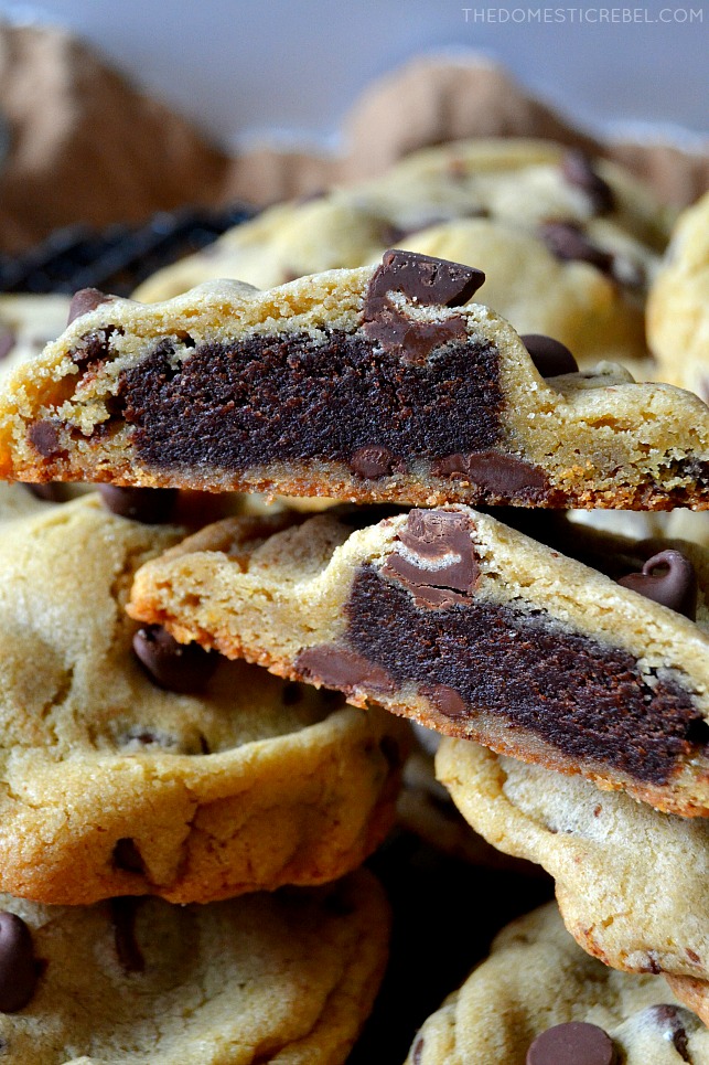 closeup of split open brownie stuffed cookie