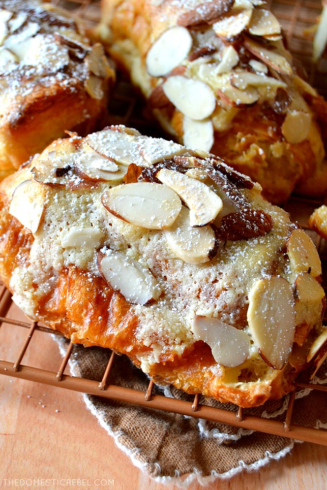 closeup of almond croissant on wire rack