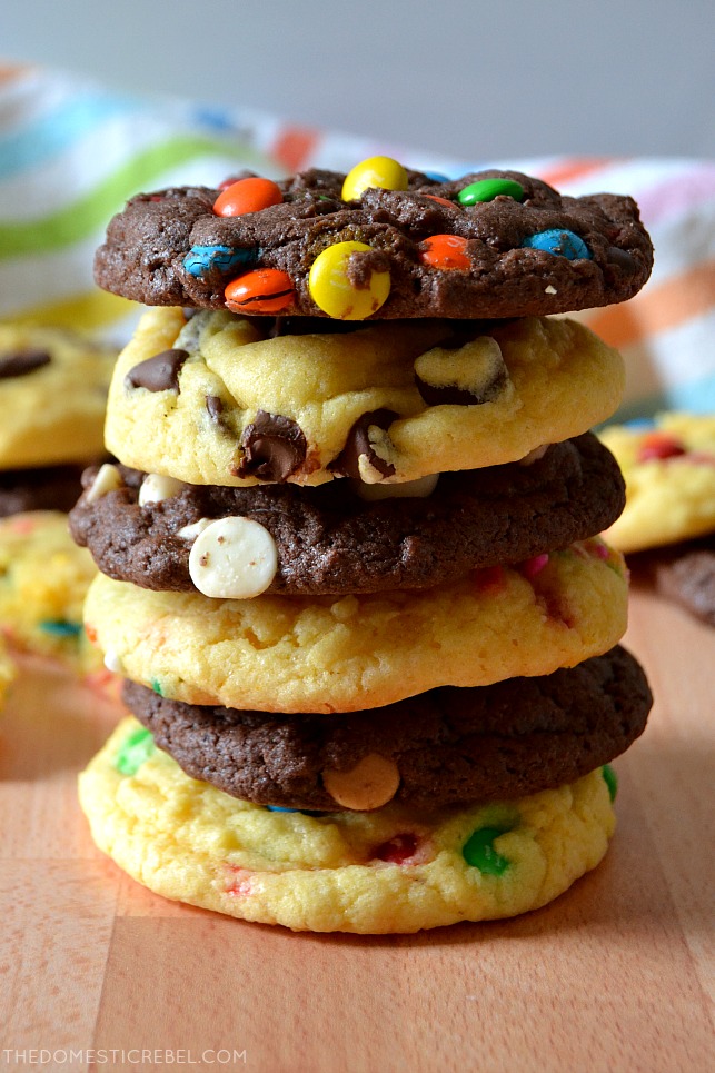 cake mix cookies stacked high on wood