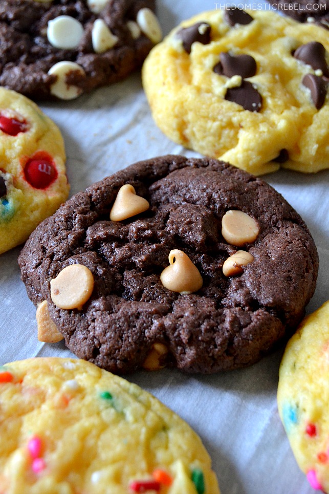 These Cake Mix Cookies are a super easy, super fast cookie recipe using only three ingredients: cake mix, oil, and eggs to create soft and chewy cookies in no time! With HUNDREDS of mix-in options to choose from to customize each and every craving. So fun to make with kids, too! 
