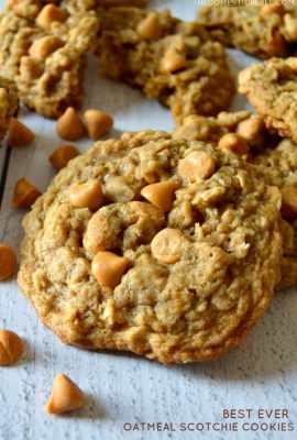 These are the BEST Oatmeal Scotchie Cookies EVER! Soft and chewy with crisp outer edges and stuffed with creamy, caramelly butterscotch chips in every bite! Super simple and absolutely delicious!
