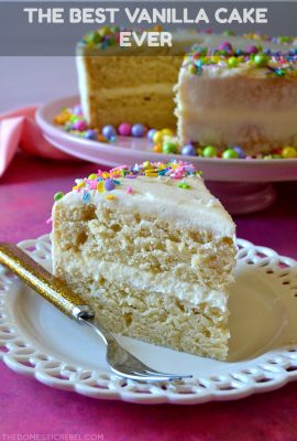 This truly is the BEST EVER VANILLA CAKE recipe! It makes the most amazing, super moist cake with a soft and tender crumb and a delicious vanilla flavor. Perfect to make cupcakes, layer cakes or sheet cakes with!