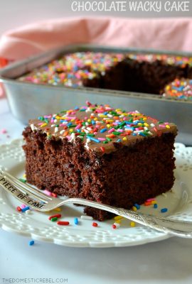 This Chocolate Wacky Cake is an old-fashioned cake from the Great Depression that still tastes amazing today! With NO eggs or dairy, it's still supremely moist and flavorful and naturally vegan!
