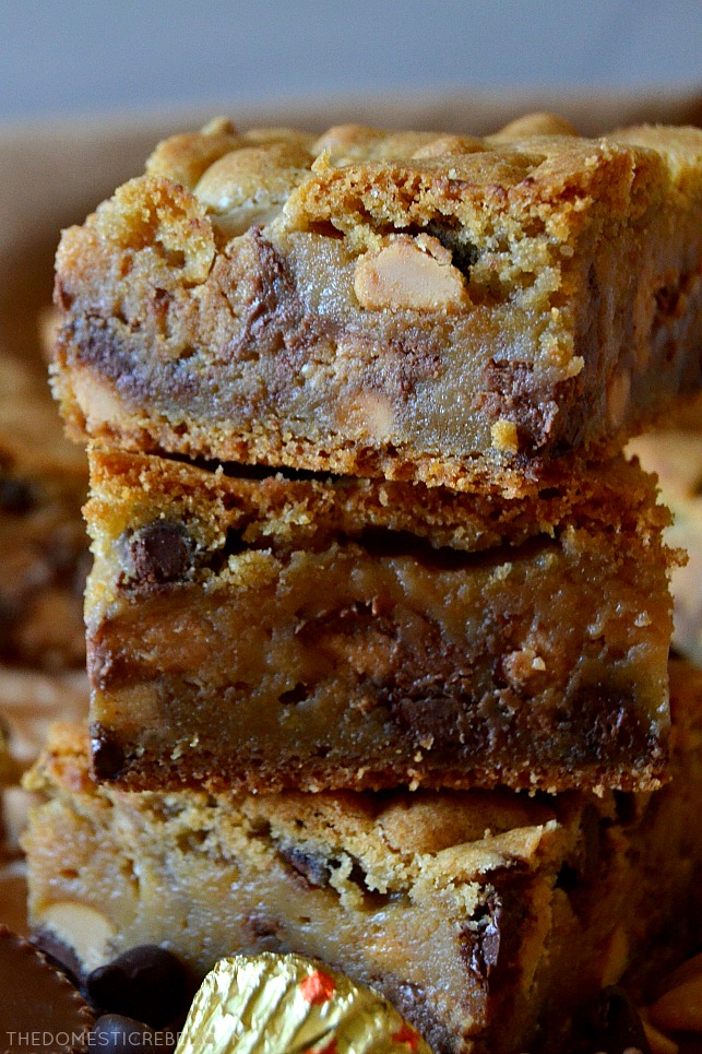 closeup stack of peanut butter cup cookie bars 