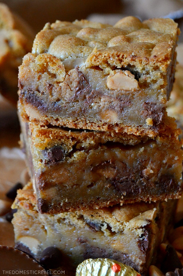 closeup stack of peanut butter cup cookie bars