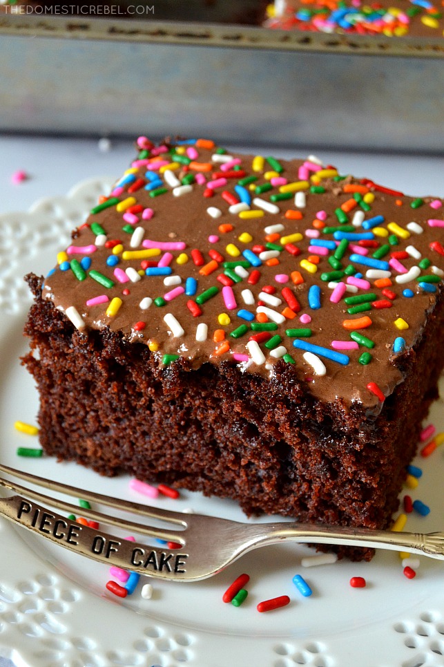 wacky cake on white plate with fork and sprinkles