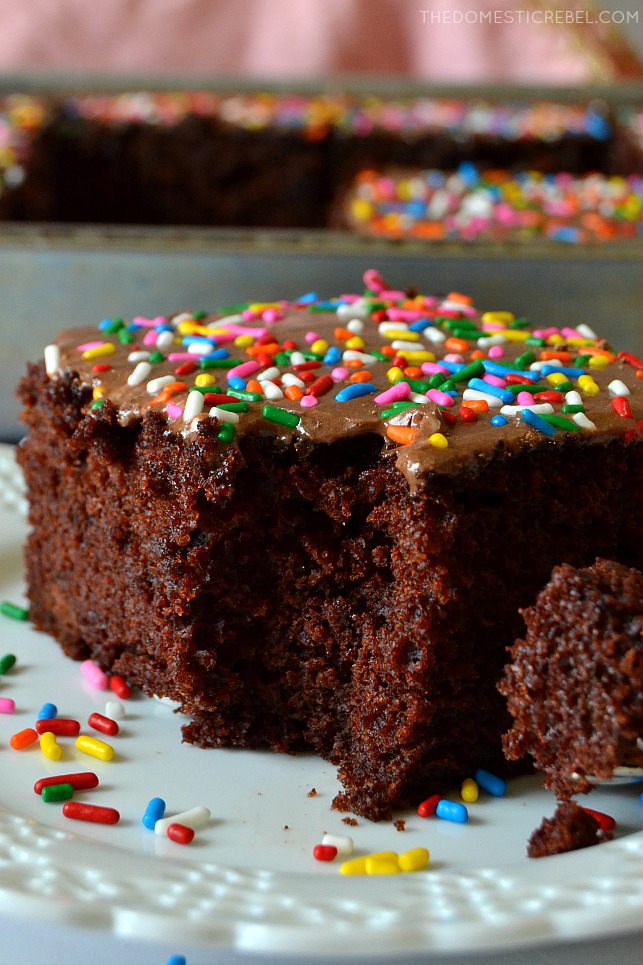This Chocolate Wacky Cake is an old-fashioned cake from the Great Depression that still tastes amazing today! With NO eggs or dairy, it's still supremely moist and flavorful and naturally vegan! 