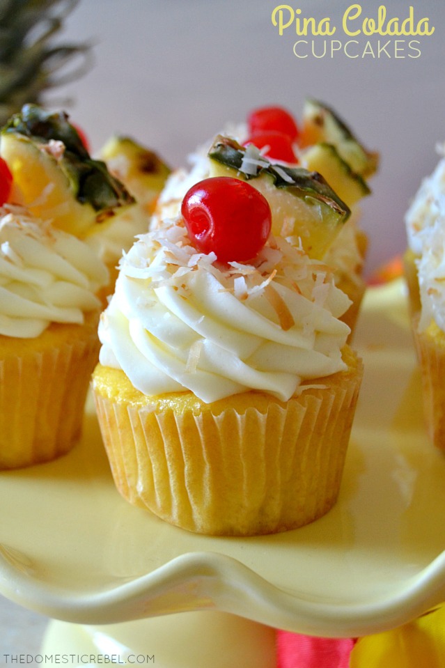 Pina Colalda Cupcakes on yellow cake stand
