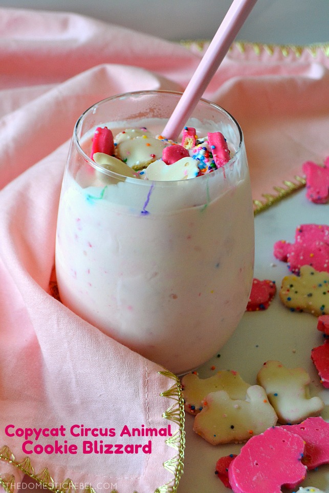 Circus Animal Cookie Blizzard in glass with pink spoon, pink fabric, and cookies scattered