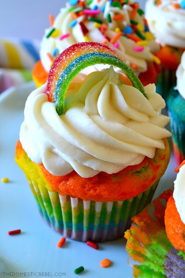 Rainbow cupcake on blue plate with rainbow candy on top