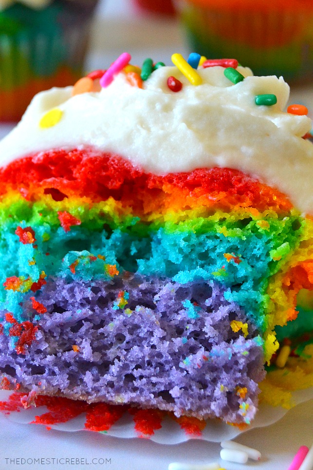 Closeup of rainbow cupcake to show texture