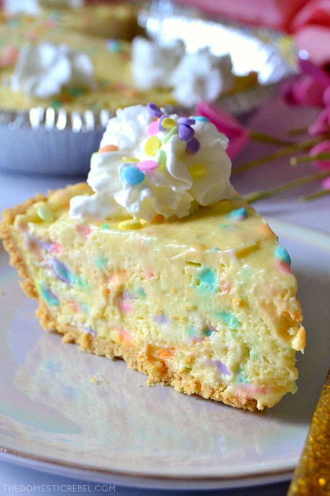 No-Bake Cake Batter Pie close-up on a plate