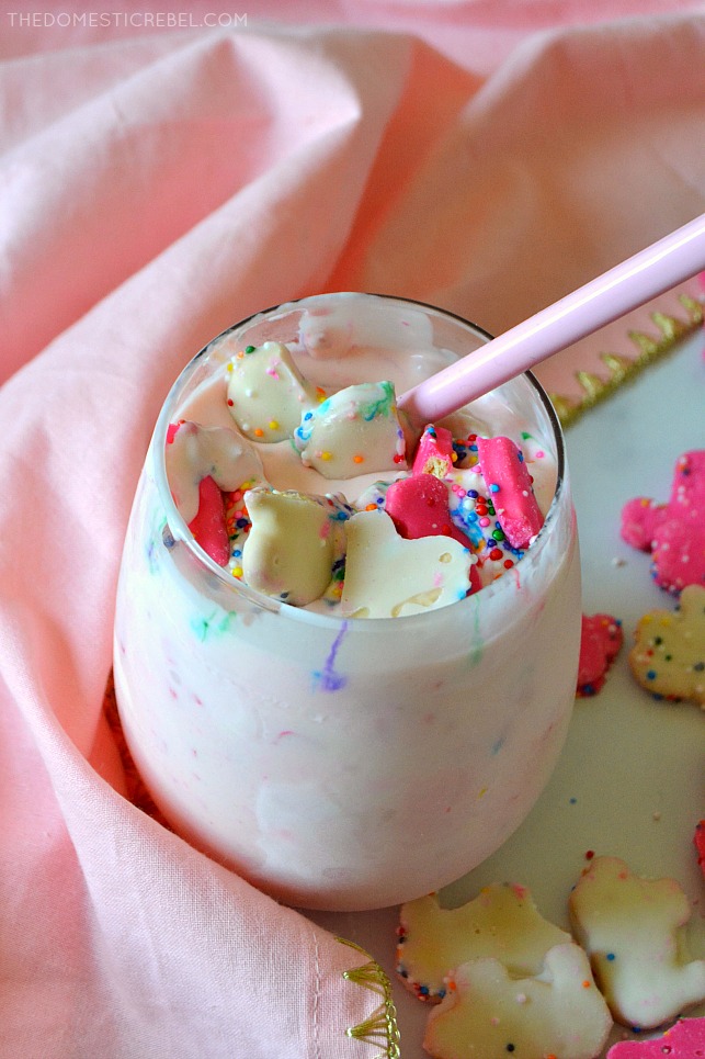 Circus Animal Cookie Blizzard with pink spoon on pink fabric with cookies scattered