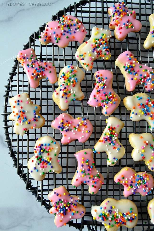 homemade frosted circus animal cookies on wire rack