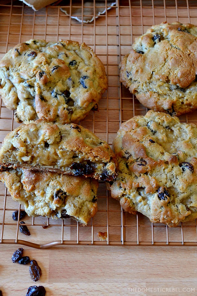 photo of oatmeal raisin cookies arranged on baking rack