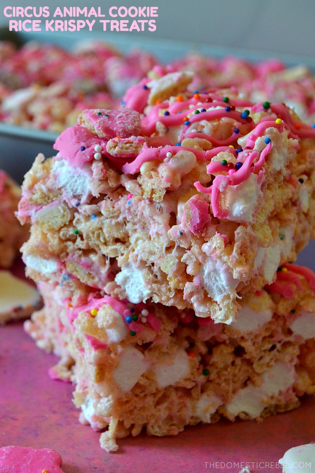 photo of circus animal cookie rice krispy treats stacked on a pink background