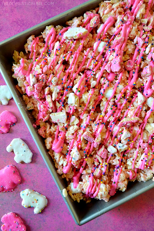 circus animal cookie rice krispy treats in pan on pink background