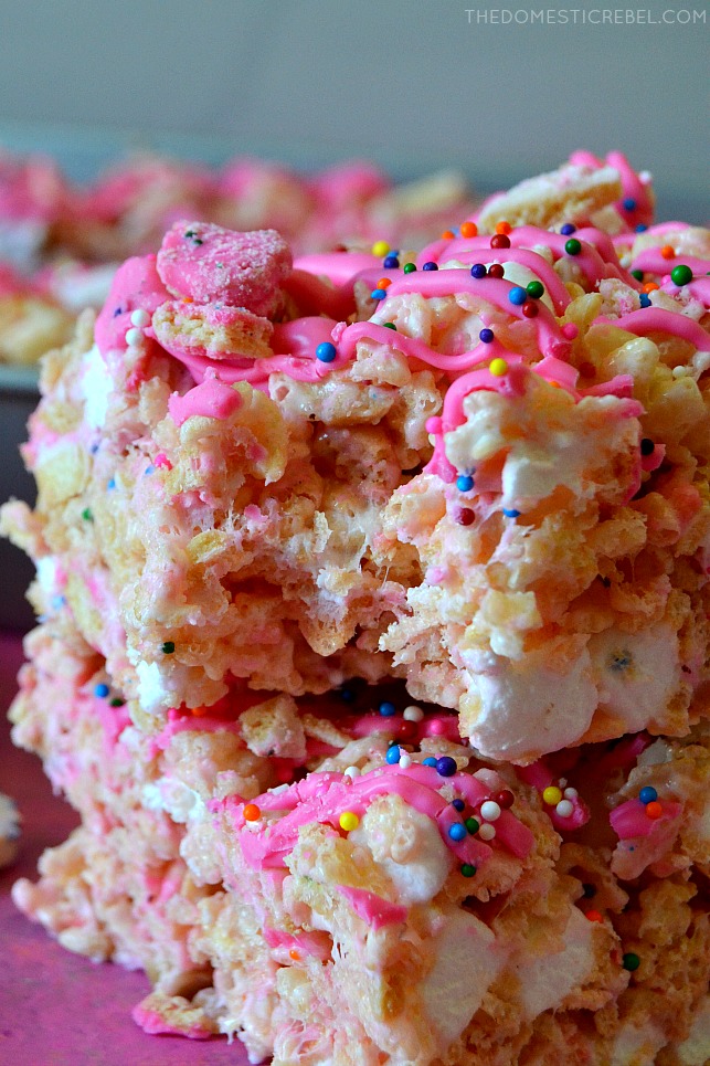 closeup of circus animal cookie rice krispy treats stacked with bite missing