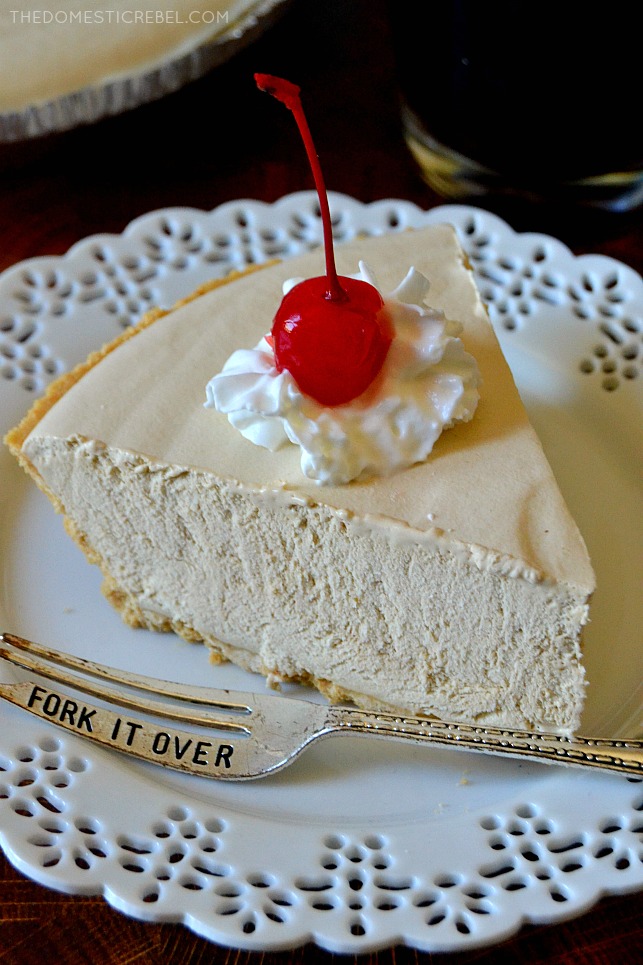 Close up of Dr. Pepper Pie on white plate with fork