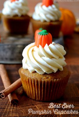 Pumpkin Cupcake on wooden board with cinnamon sticks