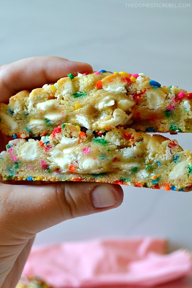photo of author holding a split open funfetti sugar cookie