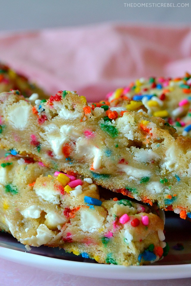 Close up of funfetti cake batter sugar cookie on plate