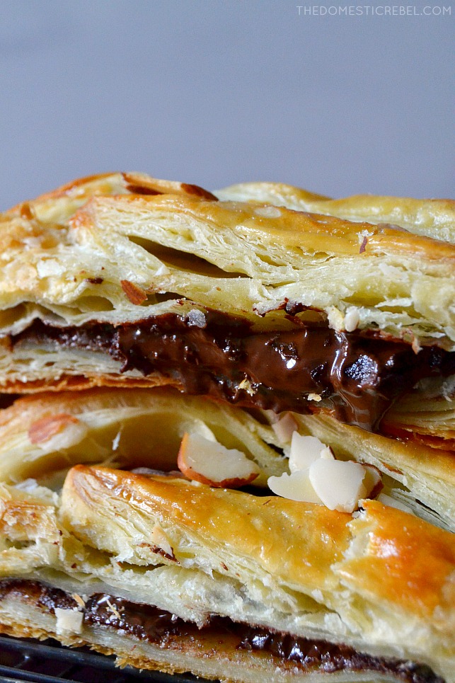 closeup stack of chocolate almond pastry
