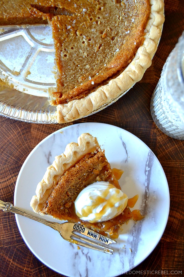 Arrangement of salted caramel pie in pan and on a plate