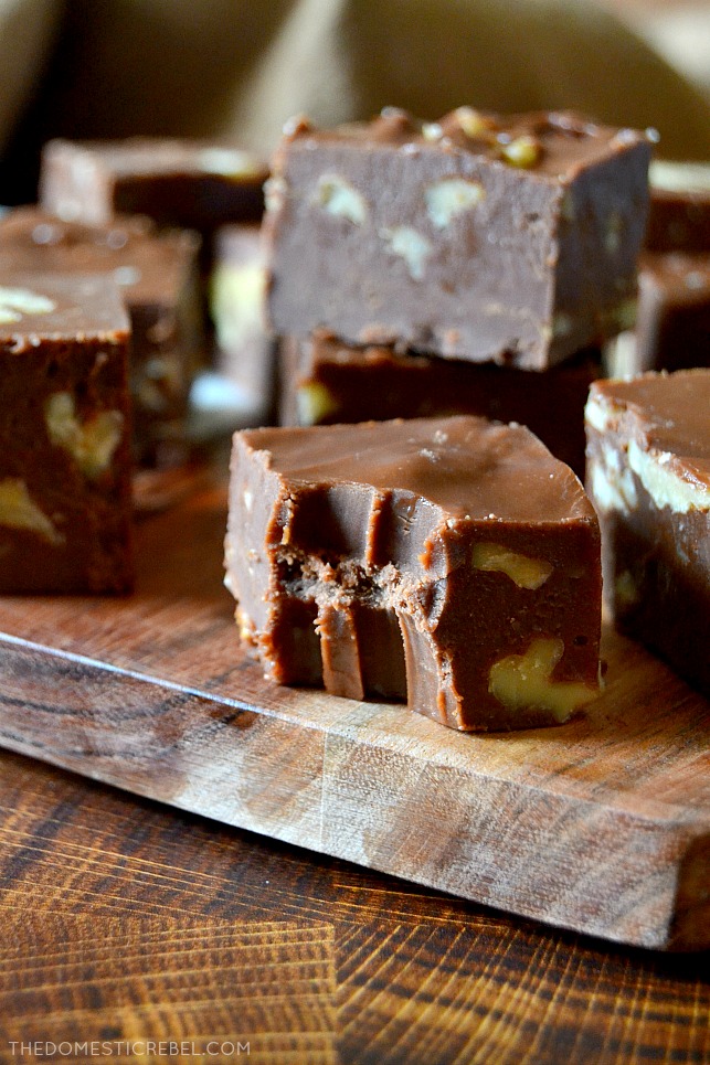 Closeup photo of a piece of fudge with a bite missing