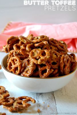 butter toffee pretzels in white bowl on white wood