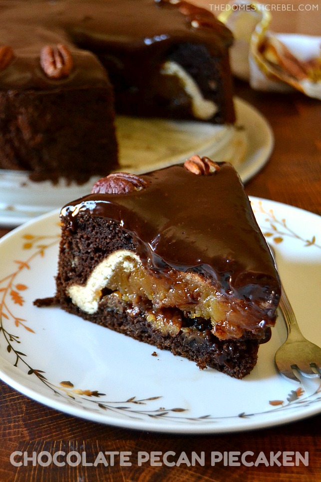 Slice of chocolate pecan piecaken on white plate