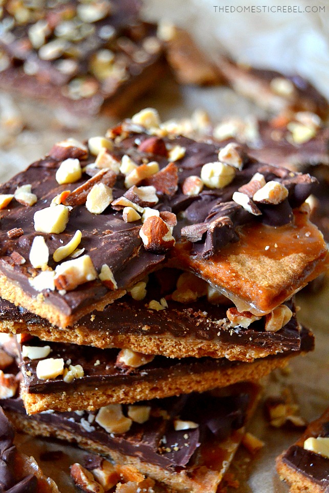Closeup of graham cracker almond roca toffee stacked