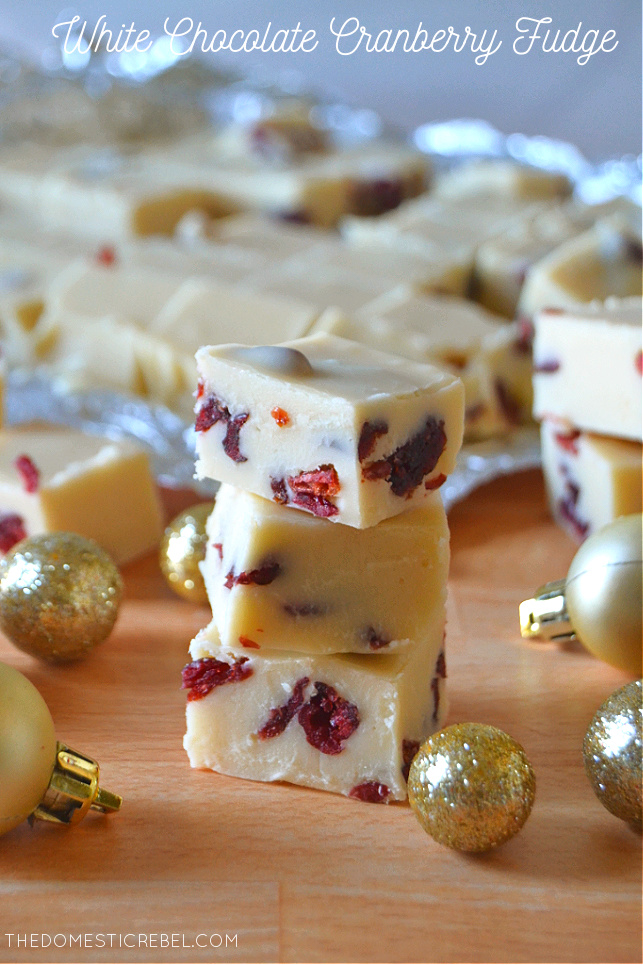 Small trio stack of white chocolate cranberry fudge with mini gold ornaments