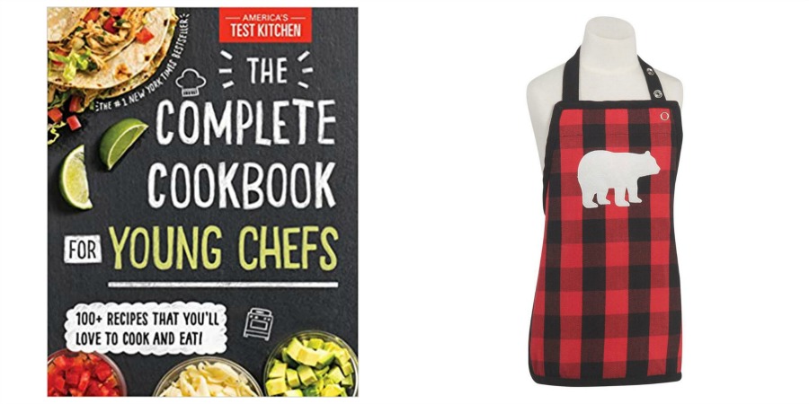 kids cookbook and kids apron collage