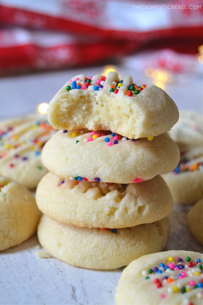 Stack of four buttery whipped shortbread cookies