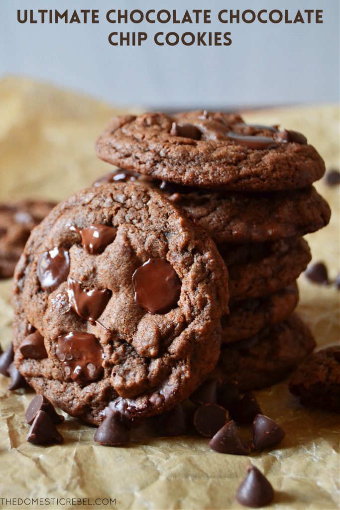 stacked arrangement of chocolate chocolate chip cookies on parchment