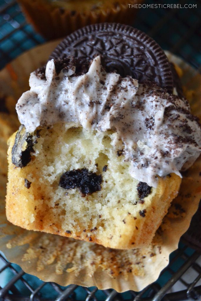 Closeup of an Oreo cupcake with a bite missing