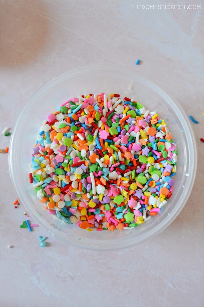 rainbow sprinkle blend in a clear bowl