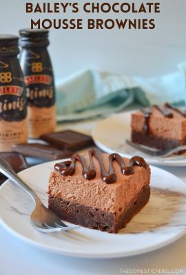 Bailey's Mousse Brownies on white plates with mini bottles of Bailey's in background