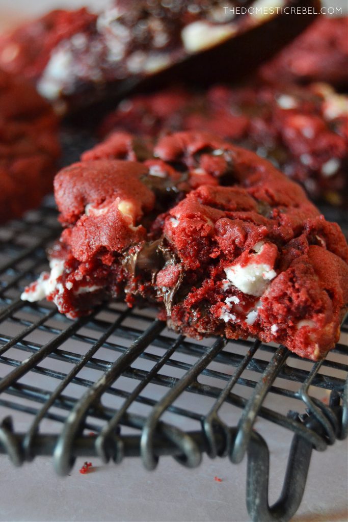 Closeup of a red velvet cookie with a bite missing