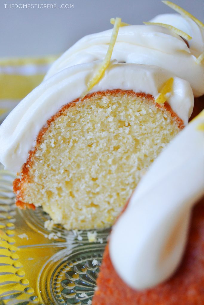 closeup side slice of lemon bundt cake