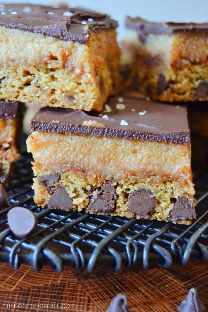 a closeup of a chocolate chip cookie millionaire bar
